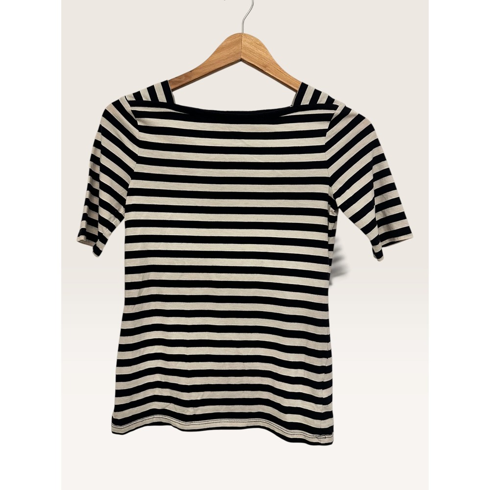 Talbots Petite Pima Cotton Striped Boat Neck Top Black White XS Preppy Nautical